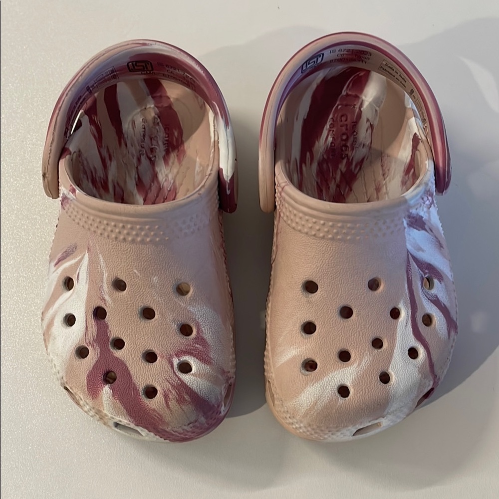 CROCS Classic Marbled Tie-Dye Pink and White Clogs with Perforated Design